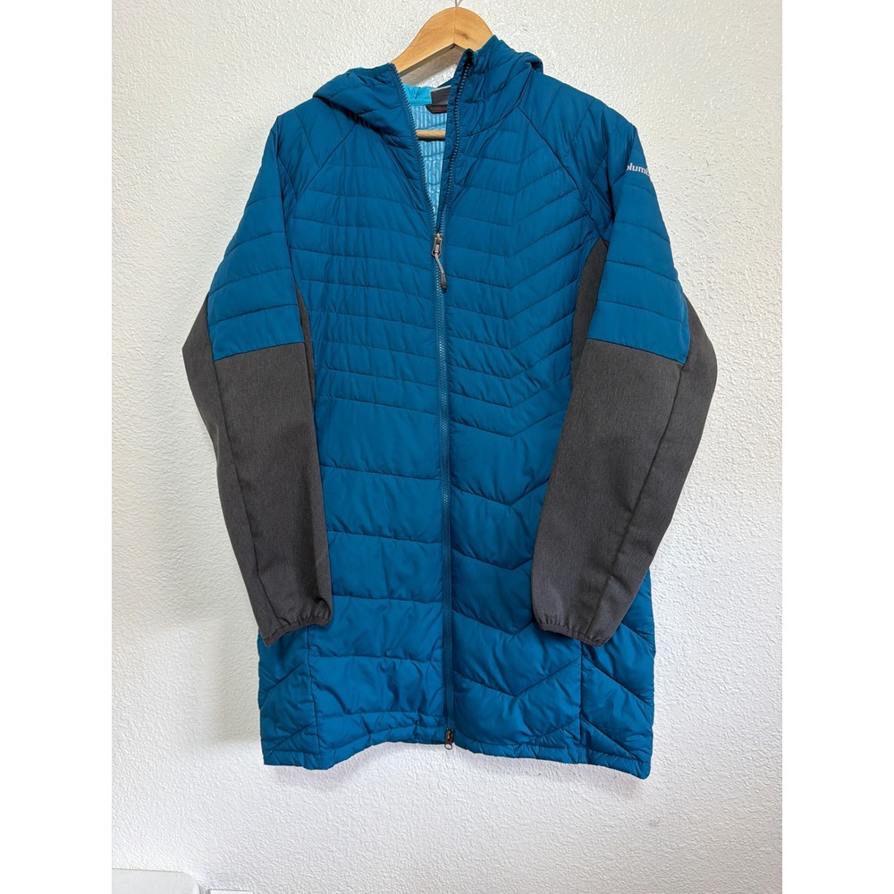 Columbia Omni-Heat Hooded Parka Jacket Teal Blue Grey Quilted Puffer Womens